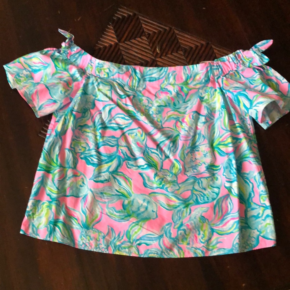 Lilly Pulitzer Green and Pink Off-the-Shoulder Blouse